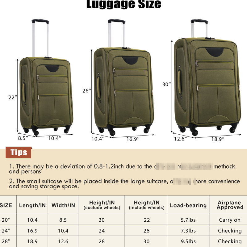 Bagages 3 pièces - extensible avec serrure de sécurité et teinture - Tissu Softshell léger, compartiments microbiens, Vert