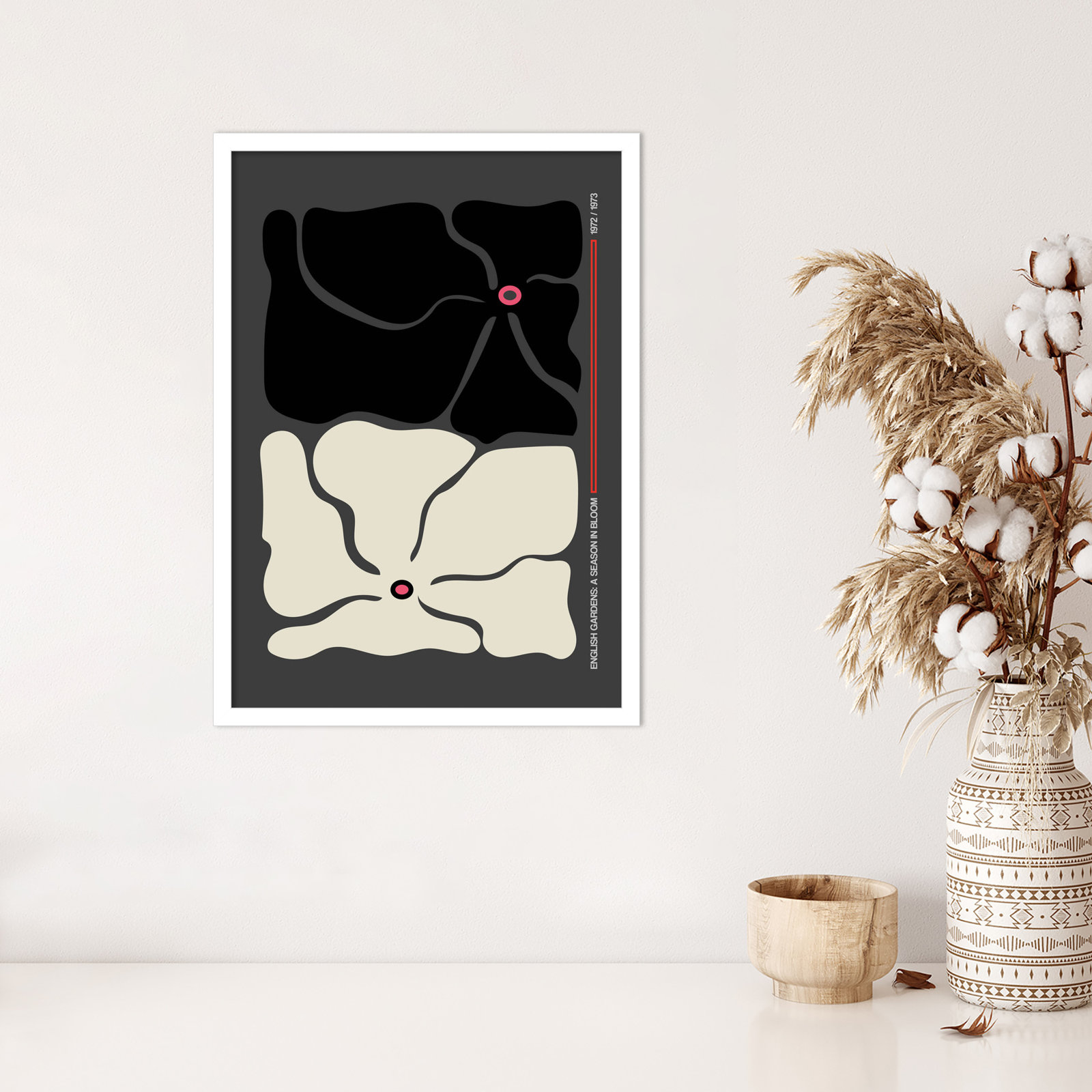 Two by Two Flower Grey Print, White, 25" H x 18" W x 1" D