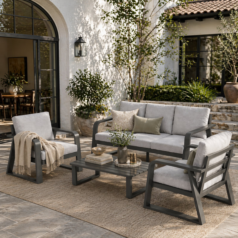 Ensemble de mobilier de patio moderne en aluminium pour 5 personnes avec canapé, chaises et table basse