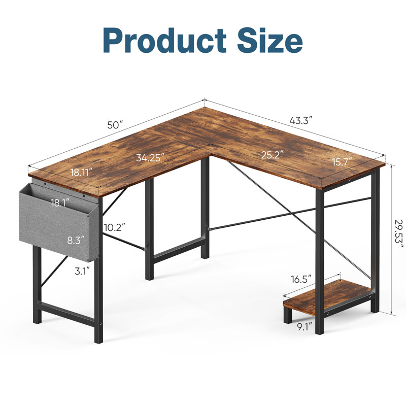 Desk and Chair Set: 49 Inch L-Shaped Computer Desk and Height Adjustable Mesh Chair, Brown