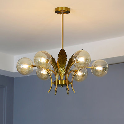White Glass Post Modern Led Chandelier With Leaf Deco In Brass
