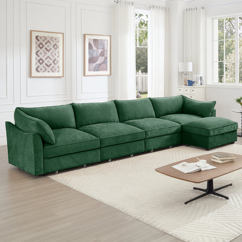Canapé modulaire en L 4 places, canapé 4 places avec 1 repose-pieds mobile, accoudoirs en forme de croissant et coussins de dossier et d'accoudoirs enveloppants, chenille