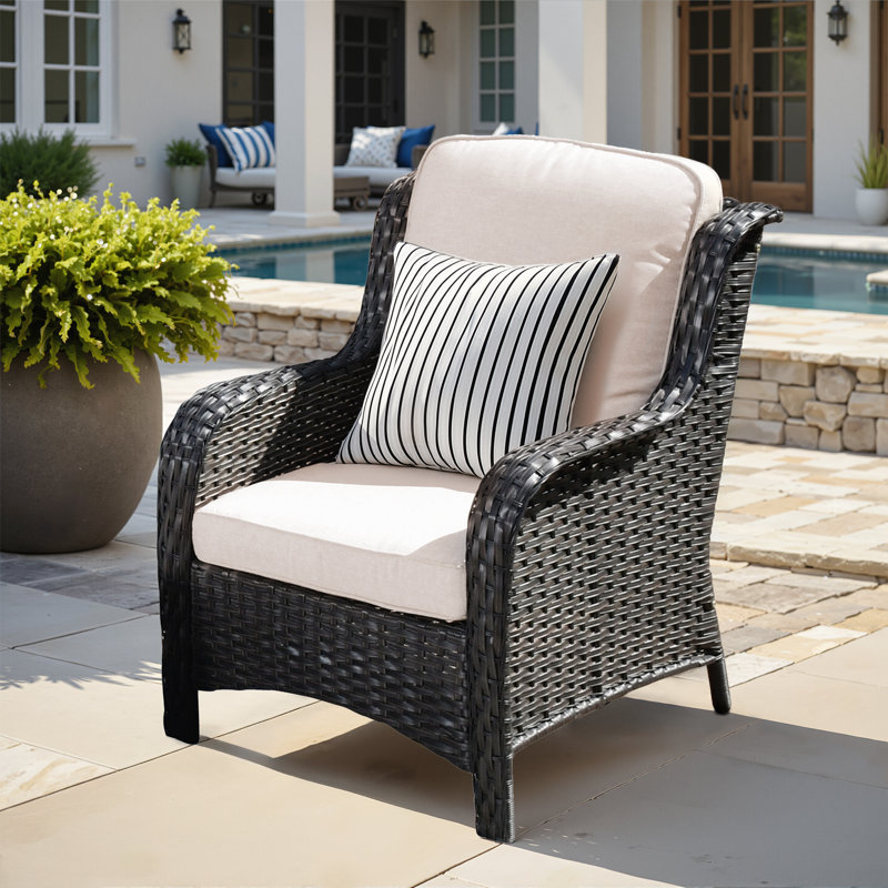 Guillen Wicker/rattan Patio Chair With Cushions, Beige Cushion/Brown Frame