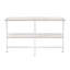 Table demi-lune avec éléments en chêne blanc, profondeur 122 cm, poids 18 kg, montage facile, tablette fixe en bois, largeur 41 cm, structure en métal, compartiment ouvert