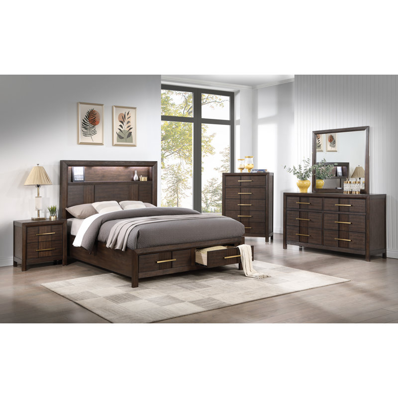 Ensemble de chambre à coucher Adryan, Très grand lit, Brun, 5 Pcs: Bed, 2 Dressers, Mirror, Nightstand