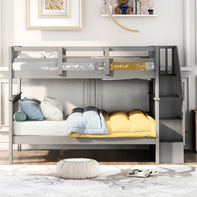 Stairway Bunk Bed In Gray For Bedroom And Dorm. Storage Guard Rail Feature. Solid Wood Crafted. Expanded Storage. Safe Staircase Access. Versatile Setup Options. No Spring Box Needed. 250Lbs Upper,