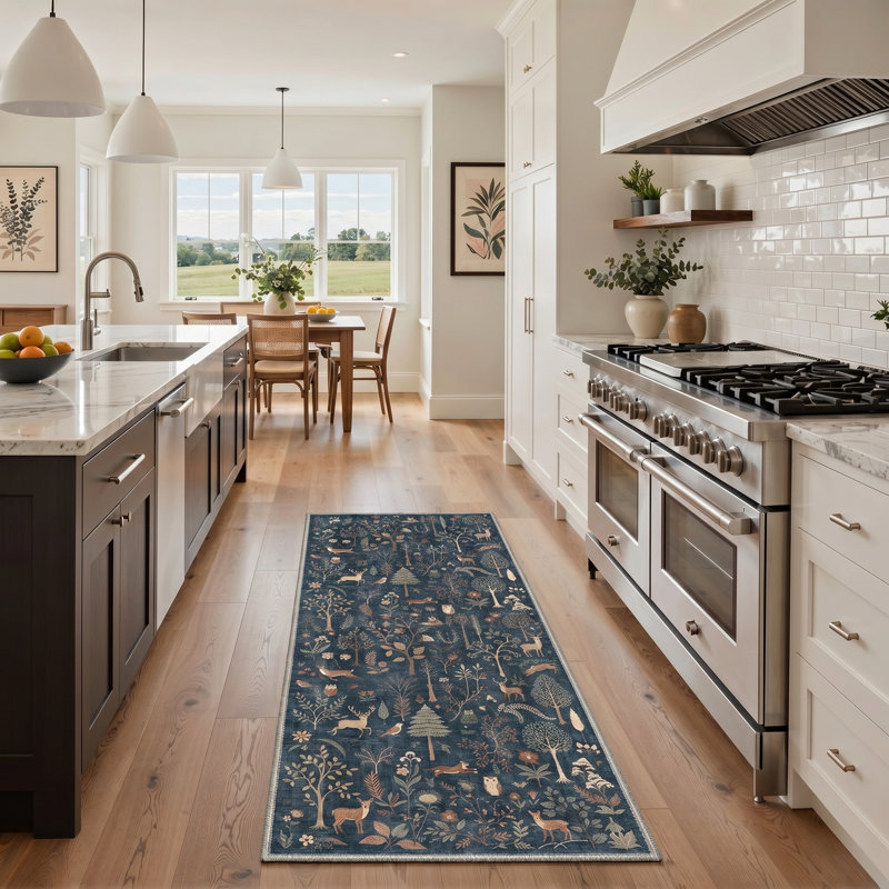 Arcadia Rustic Machine Washable Blue / Brown Indoor Area Rug with Non-Slip Backing, Runner 2' x 7'