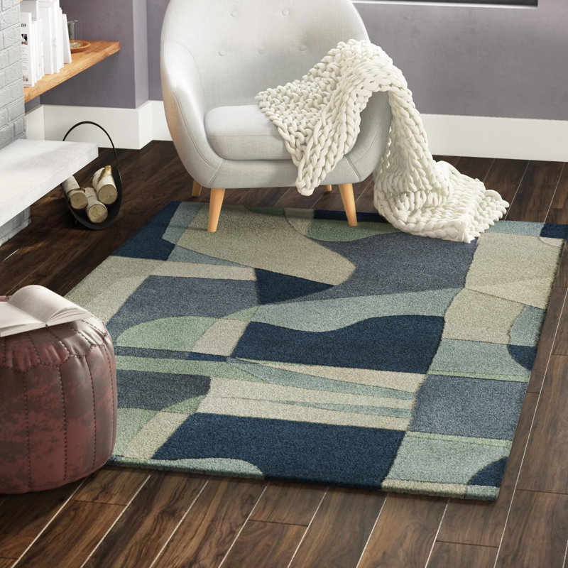 Tapis bleu sarcelle / bleu marine / beige en laine touffeté à la main Gaye, Rectangle 6 pi x 9 pi