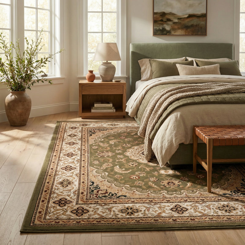Rug Branch Diwan 10' x 13' (9"9" x 13"3") Green/Beige Persian Medallion Indoor Area Rug, Traditional, Low Pile, Stain-Resistant Carpet - Living Room, Bedroom, Dining Room, and Kitchen