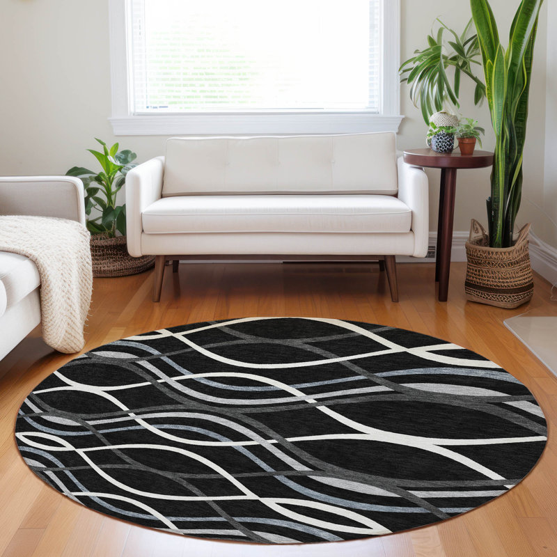 Premium Machine Washable Prisco Black Rug, Round 8'