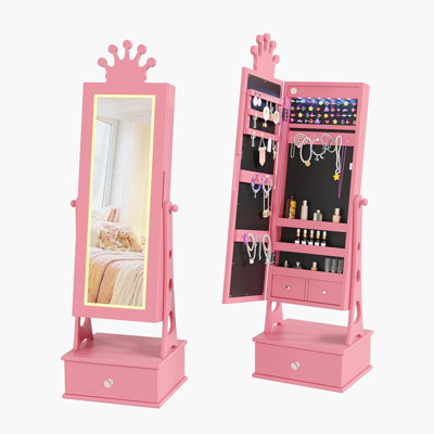 Kids Standing Jewelry Armoire Cabinet with Full-Length Mirror & LED Lights, 3 Drawers, Princess Vanity Dress-Up Organizer for Girls