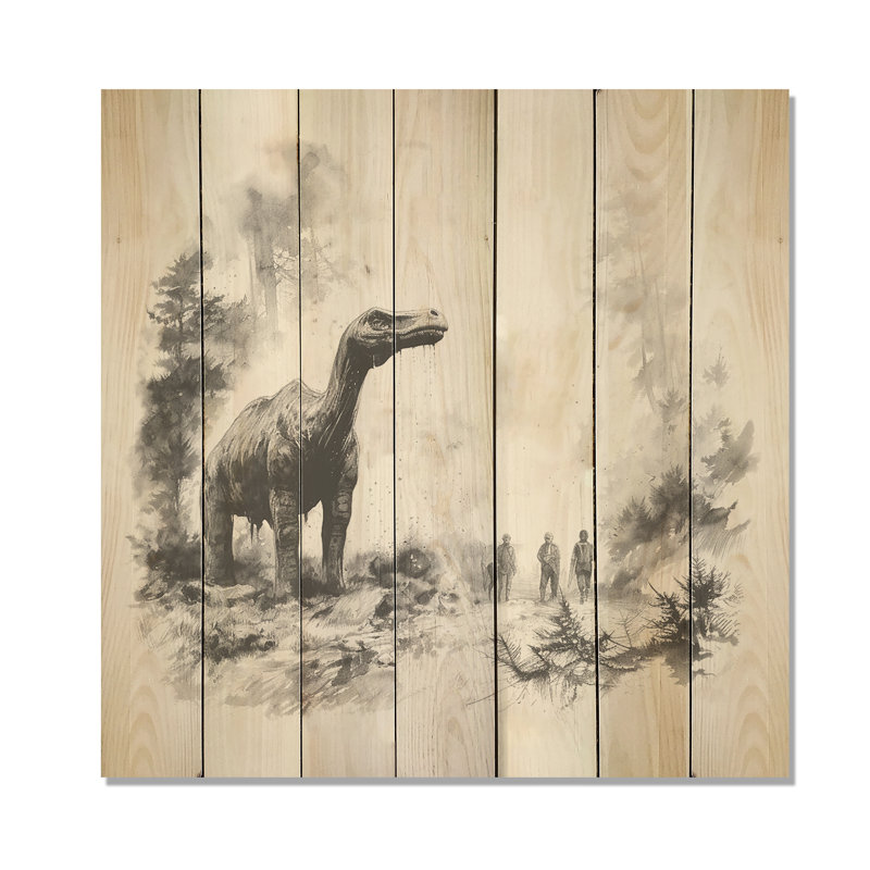 Impressionniste mésozoïque impressionniste, paysage pré - dinosaure sur bois, H 15 po x l 15 po