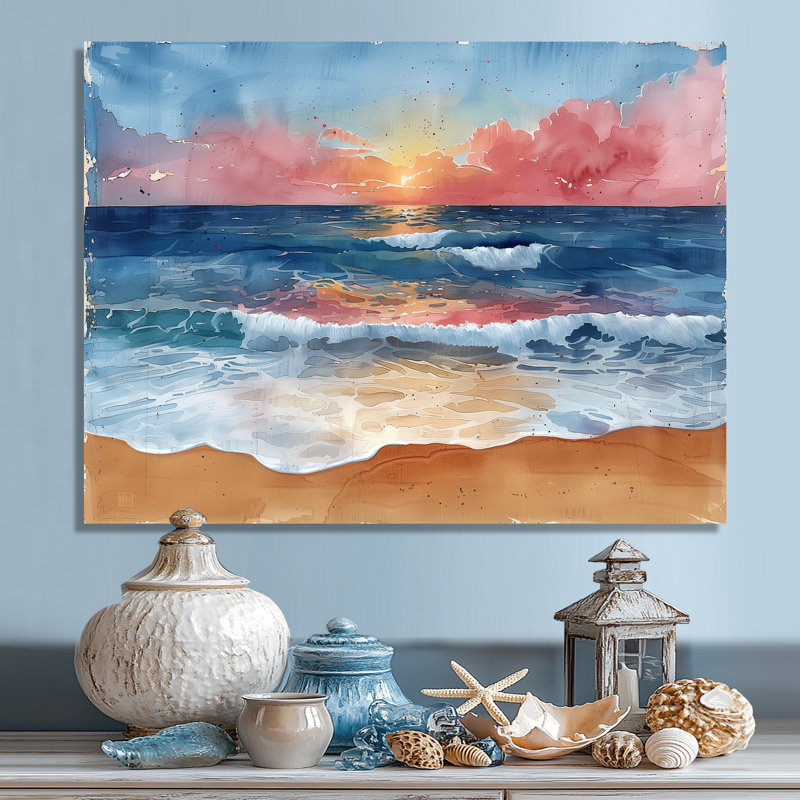 Rose, bleu, italien, bord de mer, coucher de soleil, plage, art mural, salon, Sans cadre en métal