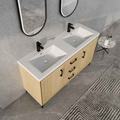 59.06" American Design Double Resin Sink Bathroom Vanity - Oak Plywood Cabinet With Soft-close Doors/drawers & Adequate Storage