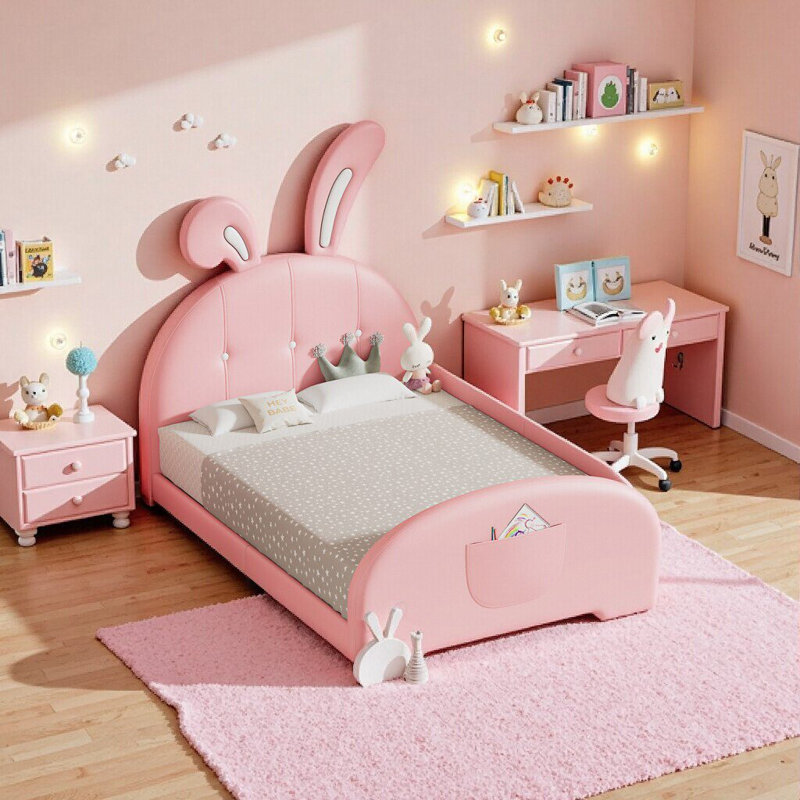 Joli lit simple princesse en forme de lapin avec revêtement rose - Lit plateforme de style princesse avec tête et pied de lit