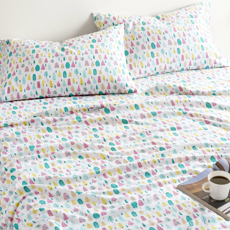 Ensemble de draps en flanelle de coton 4 pièces, motif d'arbres des Fêtes blanc chaud, lavable à la machine