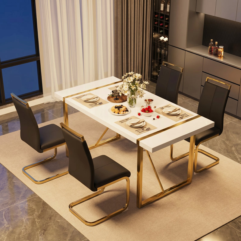Ensemble de salle à manger 5 pièces rectangulaire moderne avec table haute brillance et chaises en porte-à-faux en similicuir