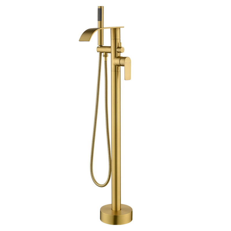 Single-Handle Floor Mount Freestanding Bathtub Faucet Waterfall Tub Filler With Handheld Shower, Brushed Gold