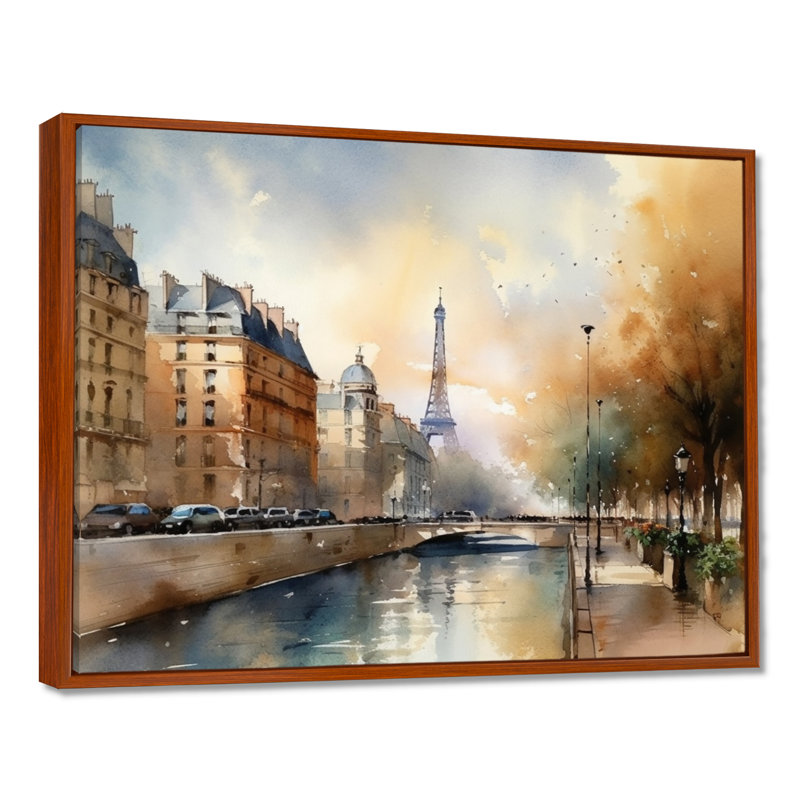 «Beautiful Pastel Paris Scenery», art mural sur toile Paris, H 24 po x l 32 po x P 1 po, Cadre flottant brun