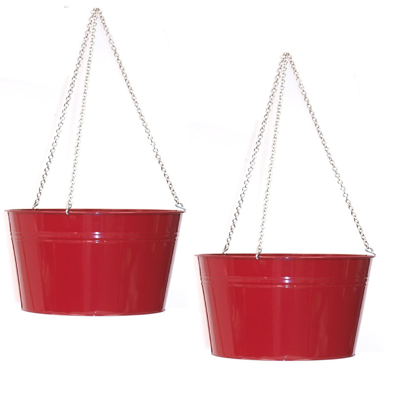 Enameled Galvanized Steel Hanging Planter, Red
