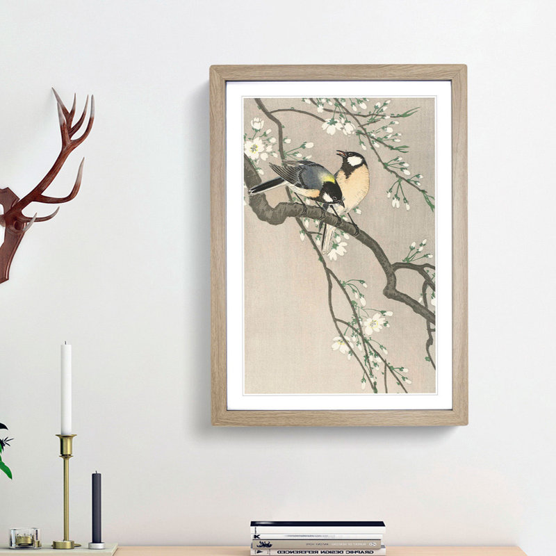 Tits on a Cherry Branch by Ohara Koson - Framed Print, 65cm H x 48cm W x 2cm D, Oak Framed