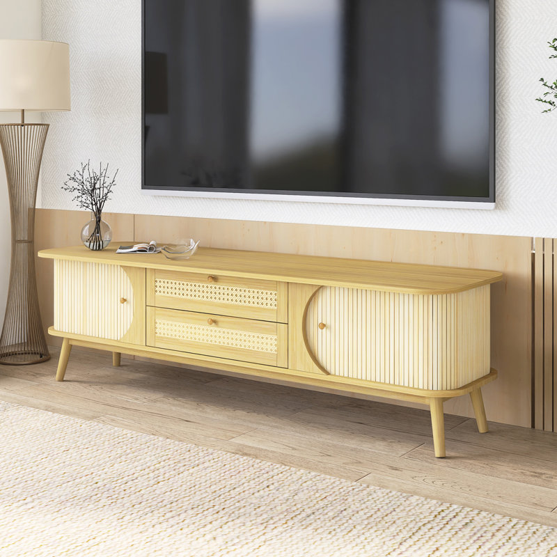 Meuble télé en rotin de style campagne moderne pour téléviseur de 75 po ou moins, Naturel