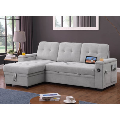 Ashlyn II 84-inch Reversible Sleeper Sectional Sofa with Storage Chaise, Storage Arms, Cup Holders, USB & USB-C Charging Ports, Side Pockets, Pocket Coil Seating, Gray Woven Fabric