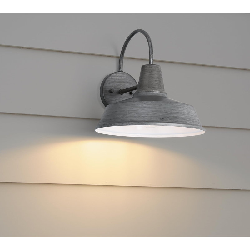 East Grove Home Builder Essentials Heritage Collection Gooseneck RLM Style Outdoor Farmhouse Barn Light with 12in Shade in Anti-Rust Brushed Nickel Finish, Overall Extension 14in E26 Base Lamp