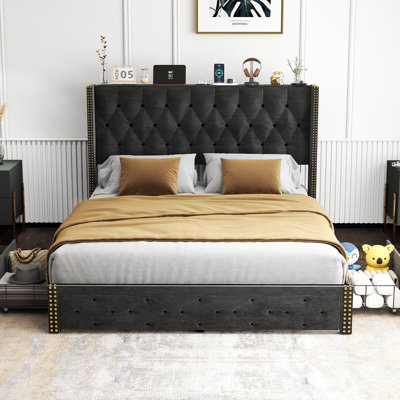 Queen Size Bed Frame With 2 Storage Drawers And Wingback Headboard, Velvet Upholstered Platform Bed Frame With Charging Station