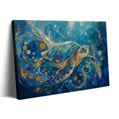 Tortue de mer colorée, impression sur toile, abstrait, bleu sarcelle, bleu, océan, bulles, texture dorée, décoration nautique moderne pour salle de bain, salon côtier