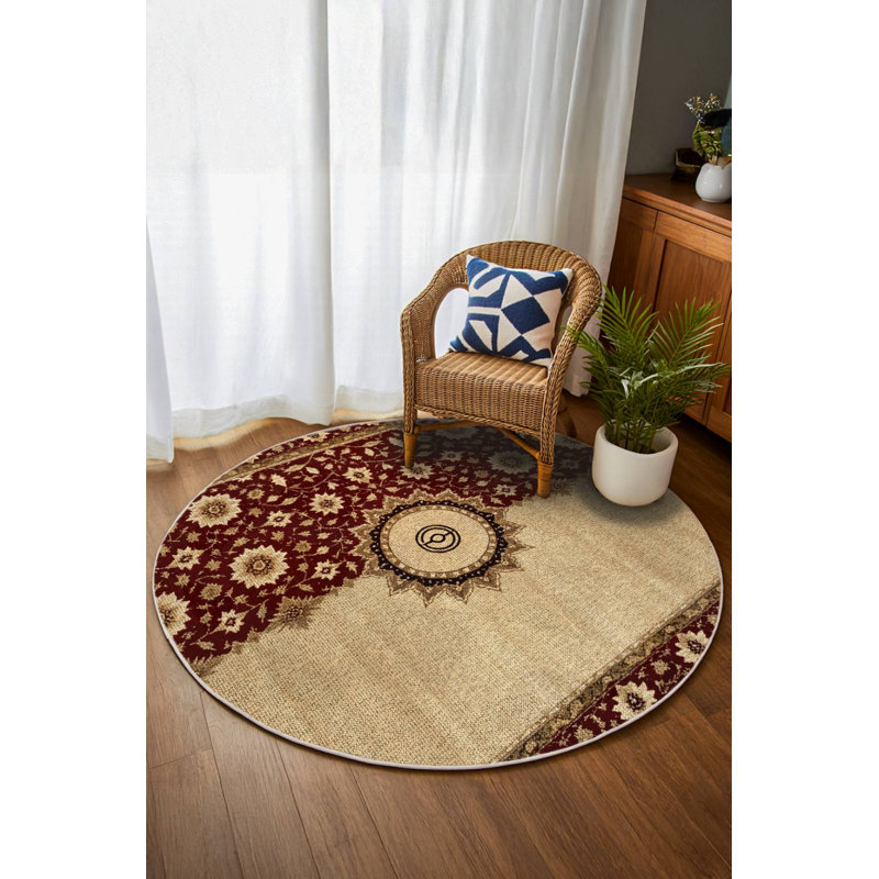 Minasa Collection Digital Print Cotton-Polyester Beige Burgundy Oriental Rug, Round 3'4"