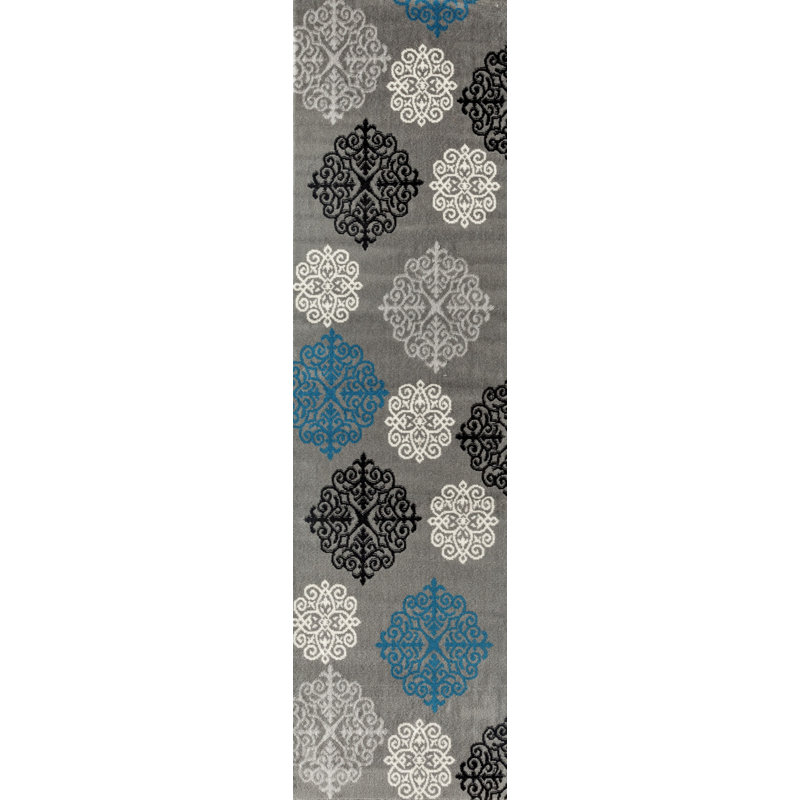 Tapis gris et argent tissé à la machine Freeman, Tapis de couloir 2 pi x 7 pi 3 po