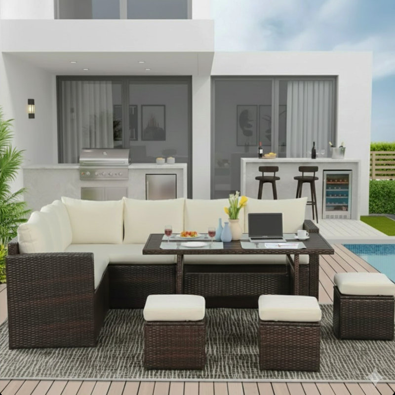 7 Piece  Wicker Outdoor Dining Set,  9-Seat  Outdoor Sectional Beige Cushions Sofa With Ottomans & Dining Table For Porch Backyard Garden