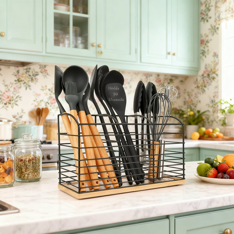 Grand porte-ustensiles de cuisine avec 3 compartiments, base en acier et en bambou résistant à la rouille, rangement pour les ustensiles de cuisine et les outils de comptoir