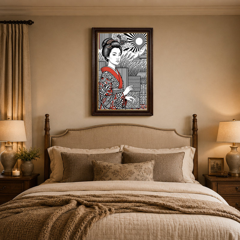 «Geisha in Red and Black Kimono with Rising Sun and Pagoda», art mural, 24"H x 16"W