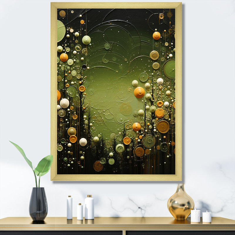 Plantes botaniques vertes abstraites 1 - tachisme, art mural, Cadre doré simple, H 32 po x l 16 po x P 1 po