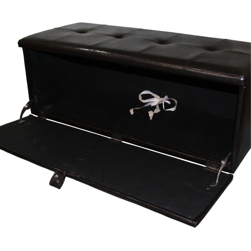 Banc de rangement en cuir brun de 18,5 po de hauteur, poignée avant à tirer, charnière simple pour plus de stabilité, rangement de L 38,5 po x l 12,5 po, pieds de 2 po 3,5 po, poids du produit 46 po, profondeur 40 po, profondeur du colis 43 po