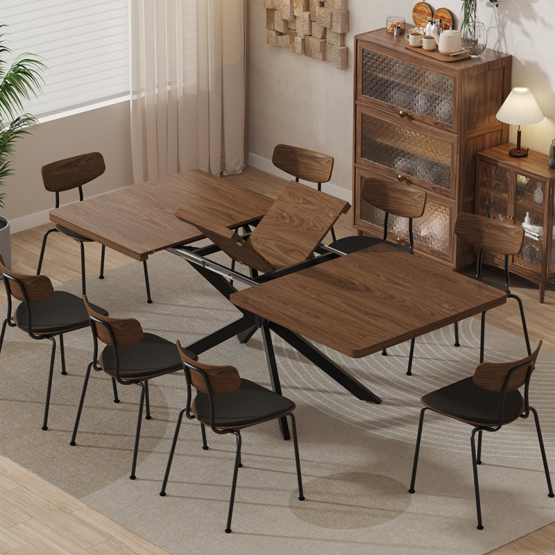 55.11-70.8 Inch Extendable( With Rotating Extension Leaves) Rectangle Dining Table For 6-8 People, Walnut Horizontal Grain
