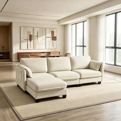 Ensemble de canapé modulaire en tissu brossé de 93 pouces en lin et coton brossé, comprenant un canapé convertible en forme de L avec repose-pieds et un canapé modulaire à trois places. Idéal pour les salons, les bureaux et les espaces spacieux.