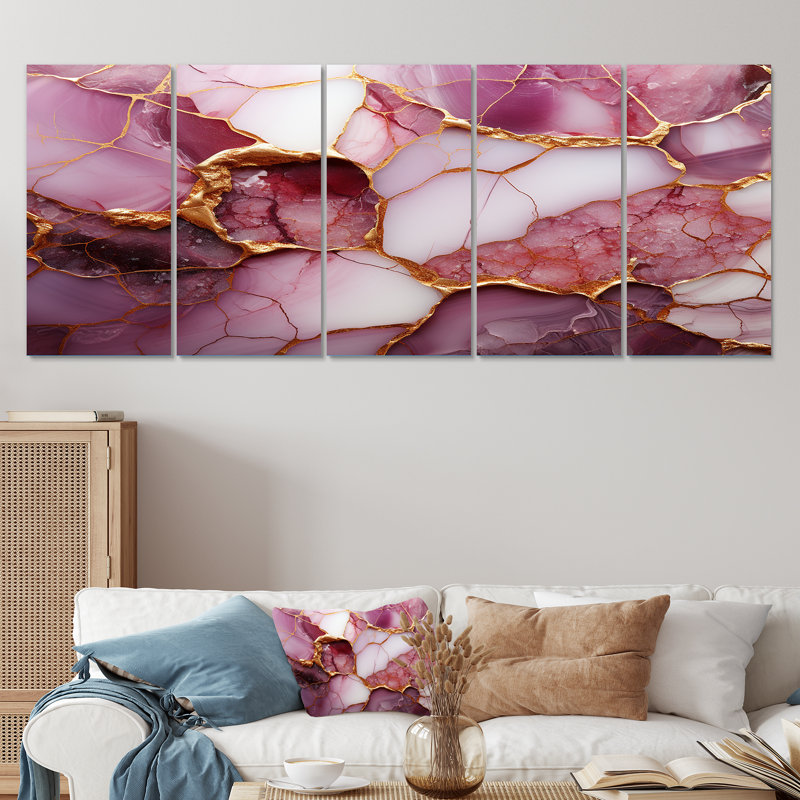 «Pink and Gold Marble River I», art mural abstrait 5 pièces pour le salon, H 32 po x l 80 po