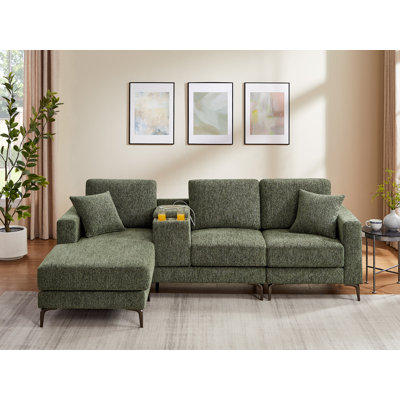 L-Shaped Chenille Sectional Sofa Chaise With Movable Center Console, Storage, Cup Holders & Usb