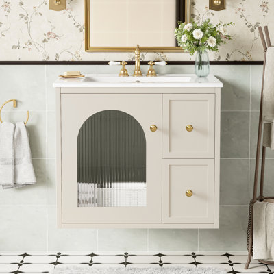 24" Wall Mounted Bathroom Vanity Set with Ceramic Sink, Soft-Close Door & Drawers