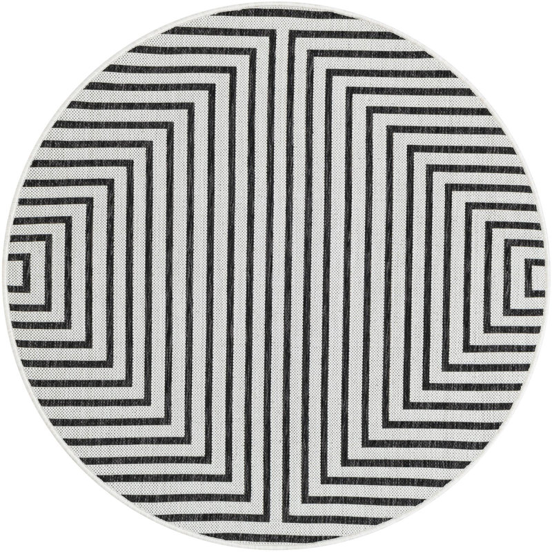 Tapis contemporain de couleur blanche et noire Odawa, Rond 4 pi 1 po