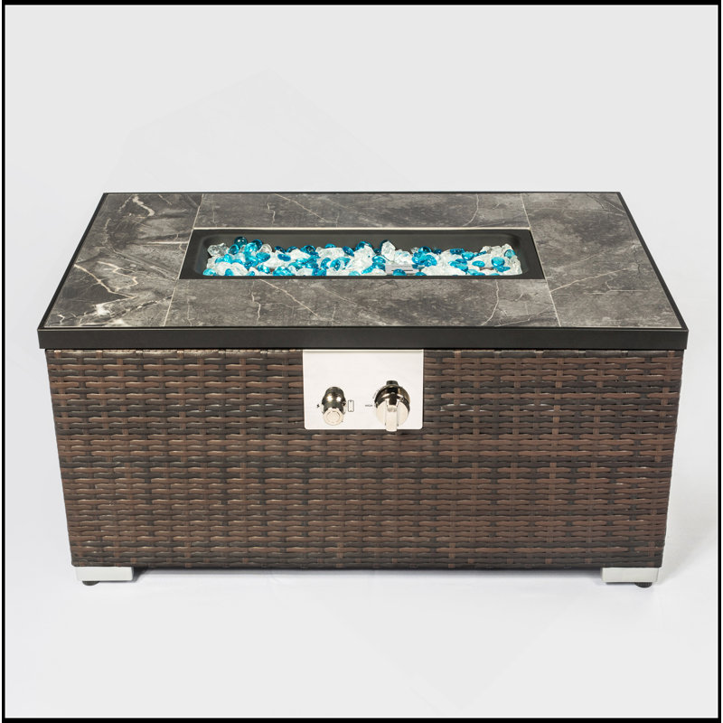 32" Propane Gas Fire Pit Table, 50000 BTU Rectangular Fire Pit, Tile Tabletop With Beautiful Wicker Base For Outside Patio Deck Garden Courtyard-Brown