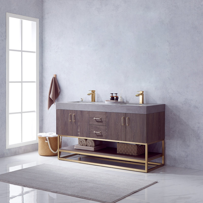 Ensemble de meuble-lavabo double 60 po Alistair, Or, Séquoia, Gris