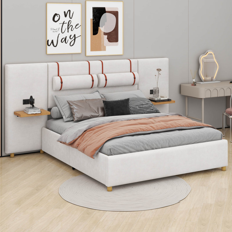 Upholstered Platform Bed With Two Outlets, Beige, Queen