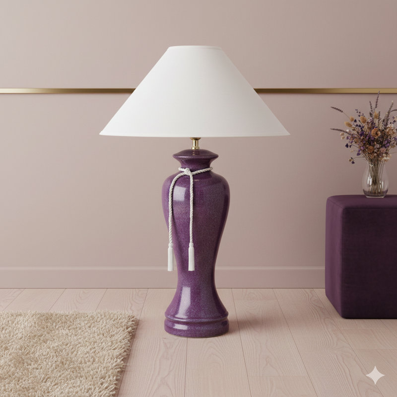 Lampe de table haute 35 po en céramique, design incurvé avec finition bourgogne, abat-jour en lin
