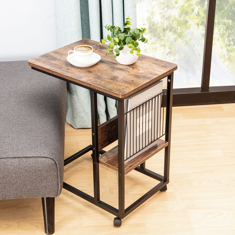 Jumelle Manufactured Wood and Iron C-Shape End Table with Drawer and Open Shelf, Brown