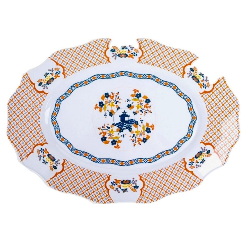 PAGODA AND FLORAL MELAMINE SERVING TRAY