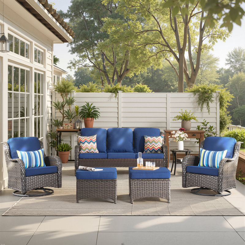 Tommy 6 Piece Wicker/Rattan Sofa Seating Group with Cushions, Brown, Navy Blue